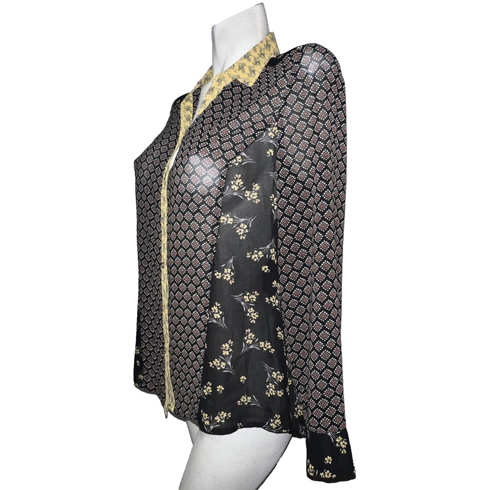 DR2 Womens Small Mixed Print Button Up Blouse Black Yellow Floral Geometric Top - Picture 4 of 10